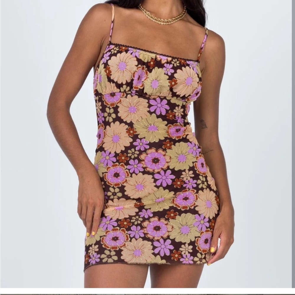 Princess Polly floral bodycon mini dress brown, pink, yellow, orange